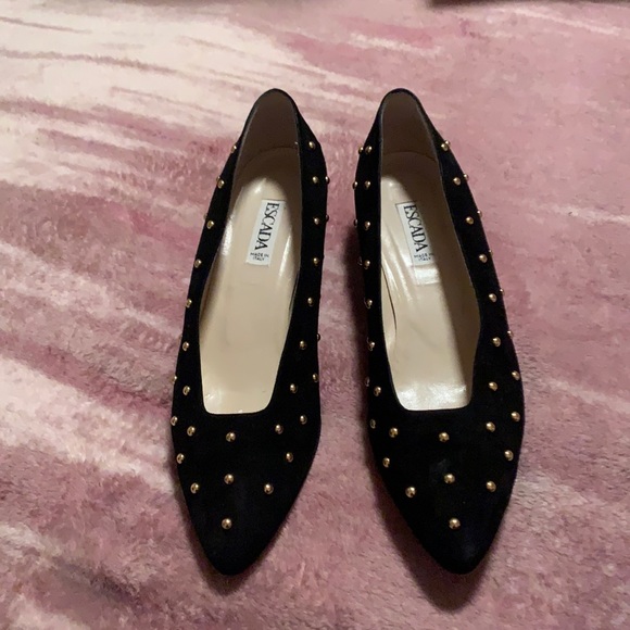 Shoes - Escada black suede, gold studded shoe, size 9, small heel